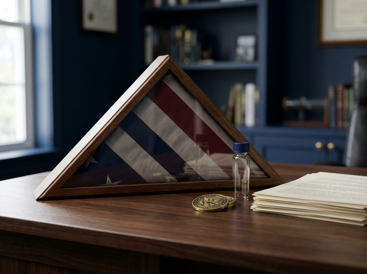 Folded American flag in a triangular display case with a research vial and challenge coin
