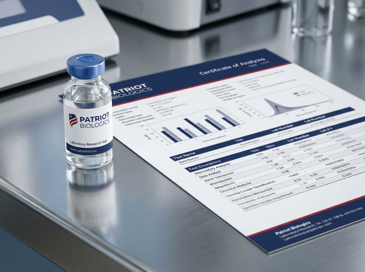 PatriotBiologics research vial alongside a Certificate of Analysis document